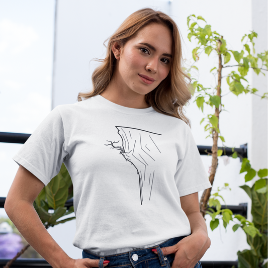 Woman wearing white cliffside rock climbing t-shirt