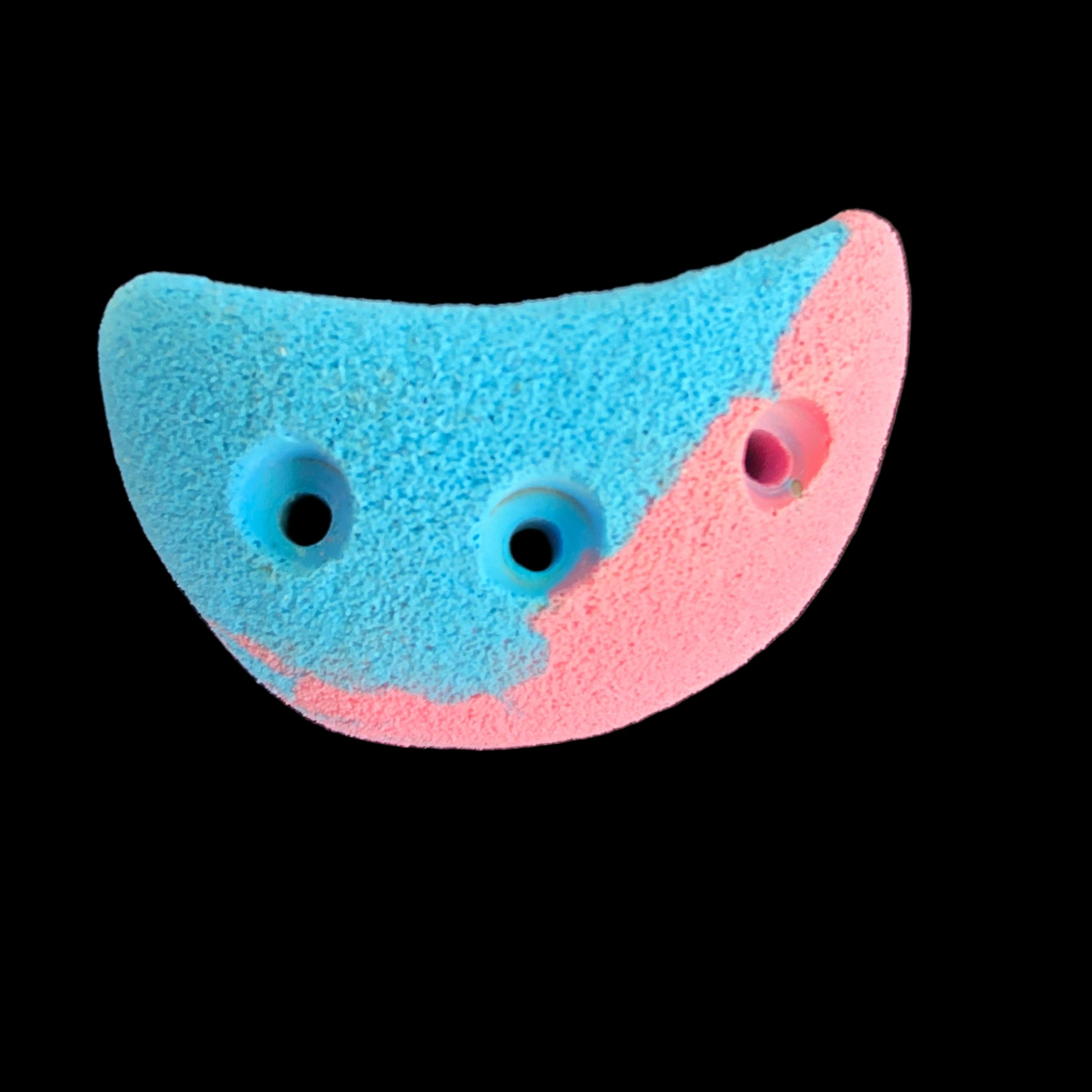 Pink and blue colored jug shaped screw-on climbing hold