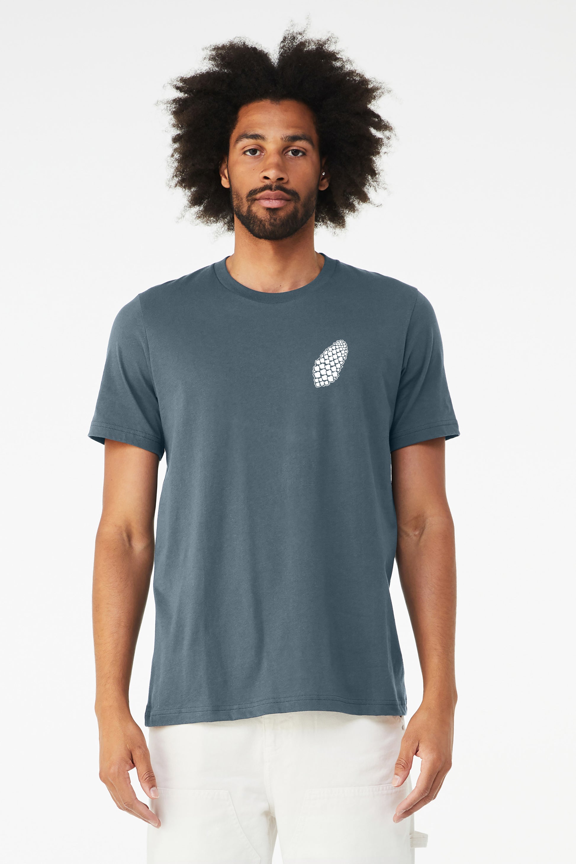 Man wearing Slate colored shirt with pinecone graphic