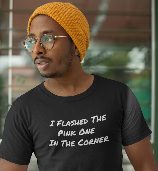 Man wearing Pink One in the Corner Black T-Shirt