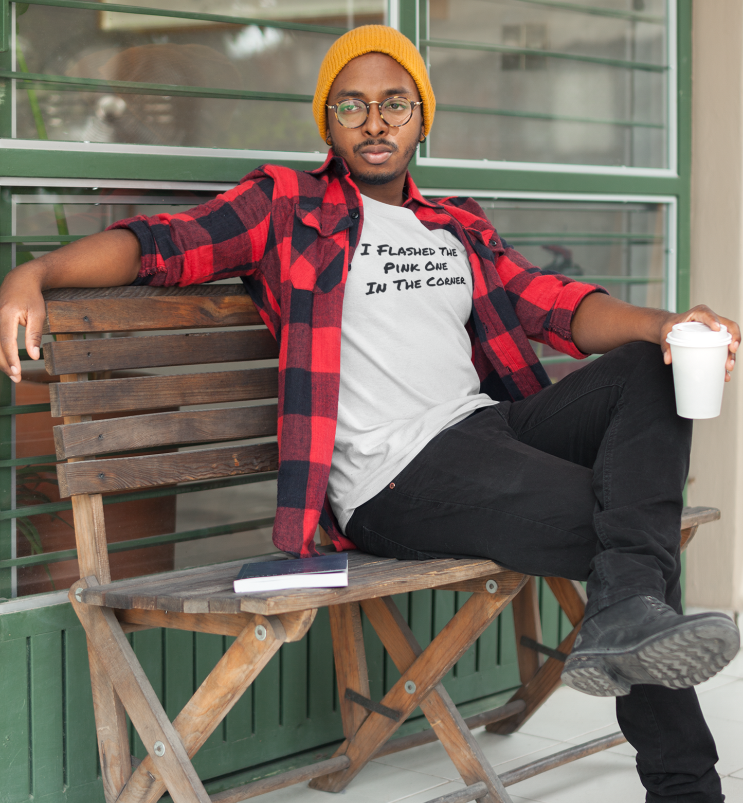 Man wearing Pink One in the Corner White Climbing T-Shirt