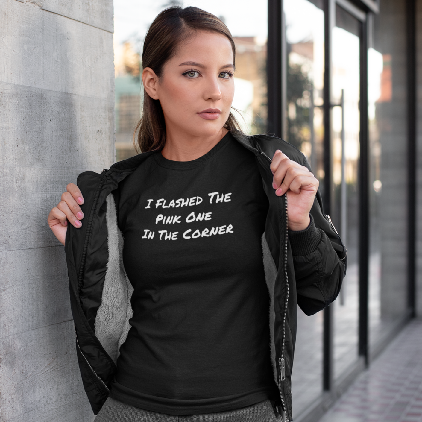 Woman wearing Pink One In The Corner Black T-Shirt