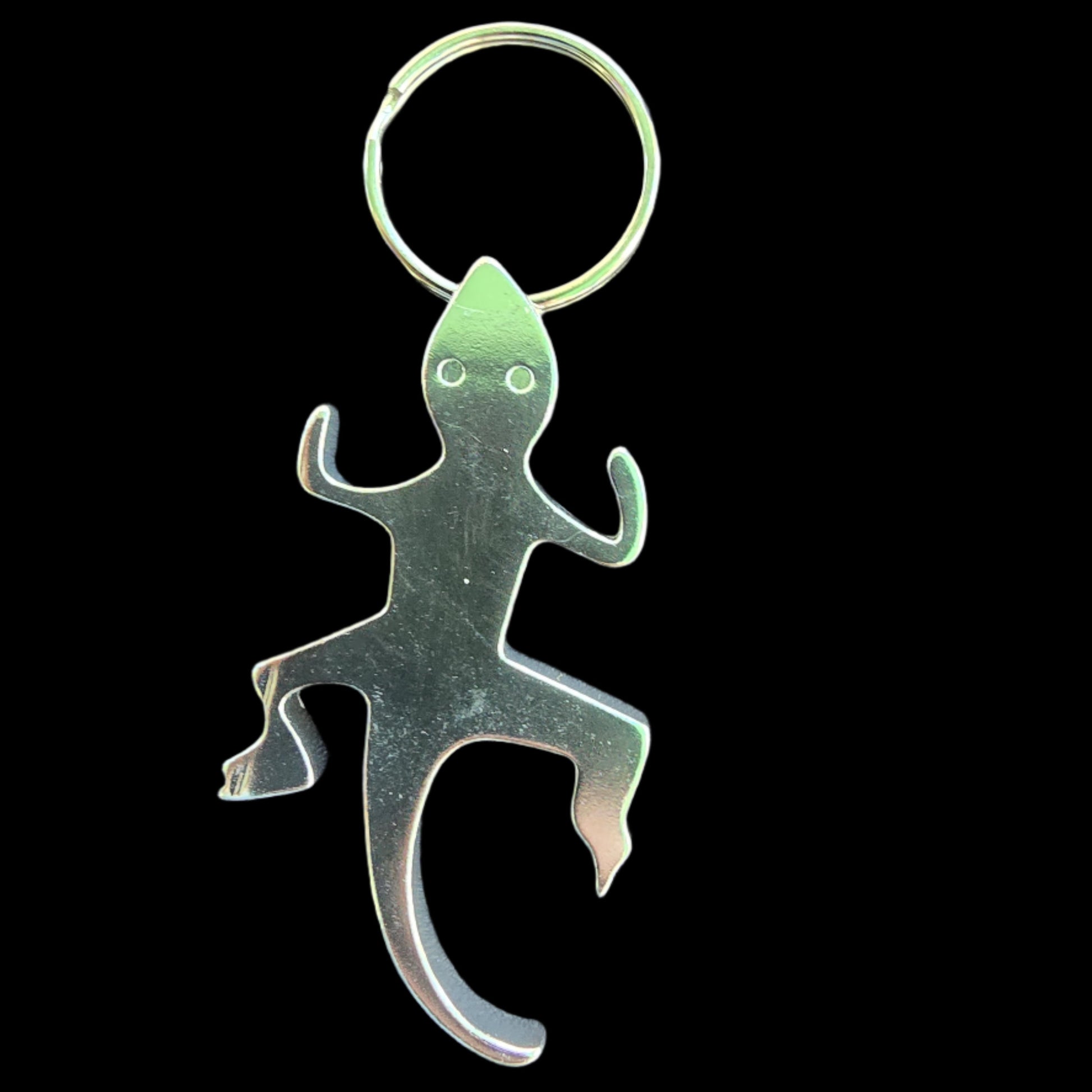 Silver colored gecko bottle opener keychain