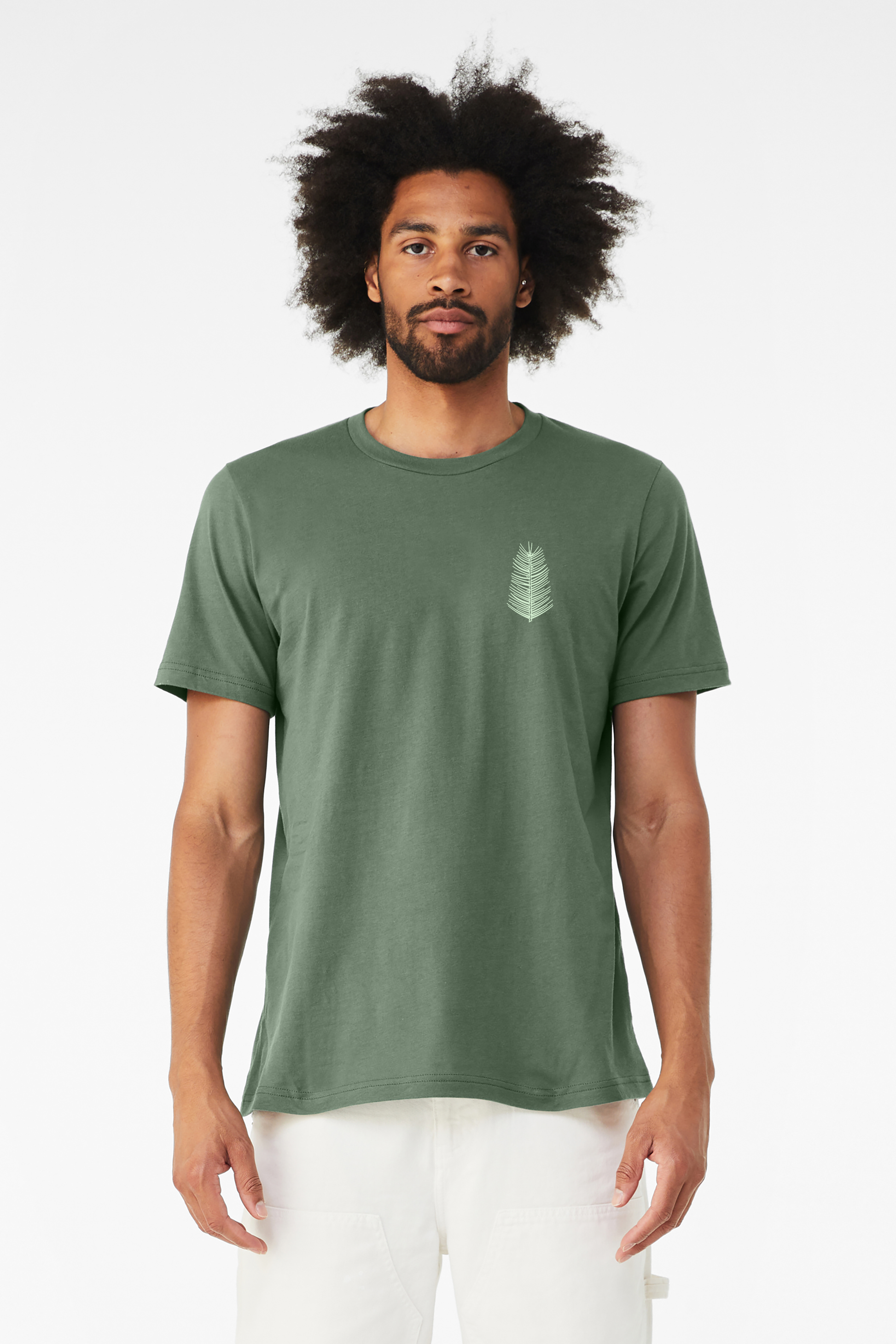 Man wearing pine colored shirt with spruce needles graphic