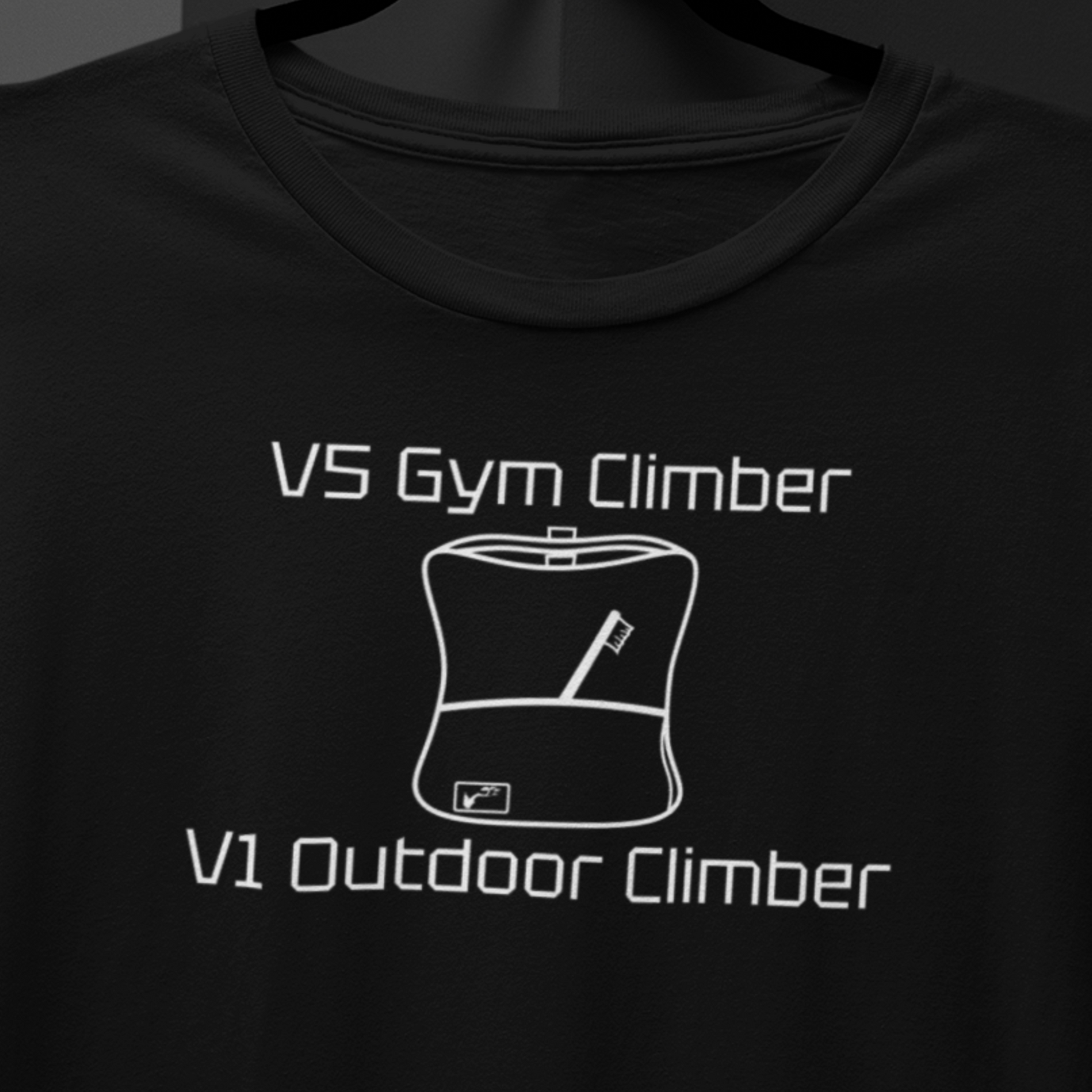 Black shirt with white V5 Gym Climber graphic