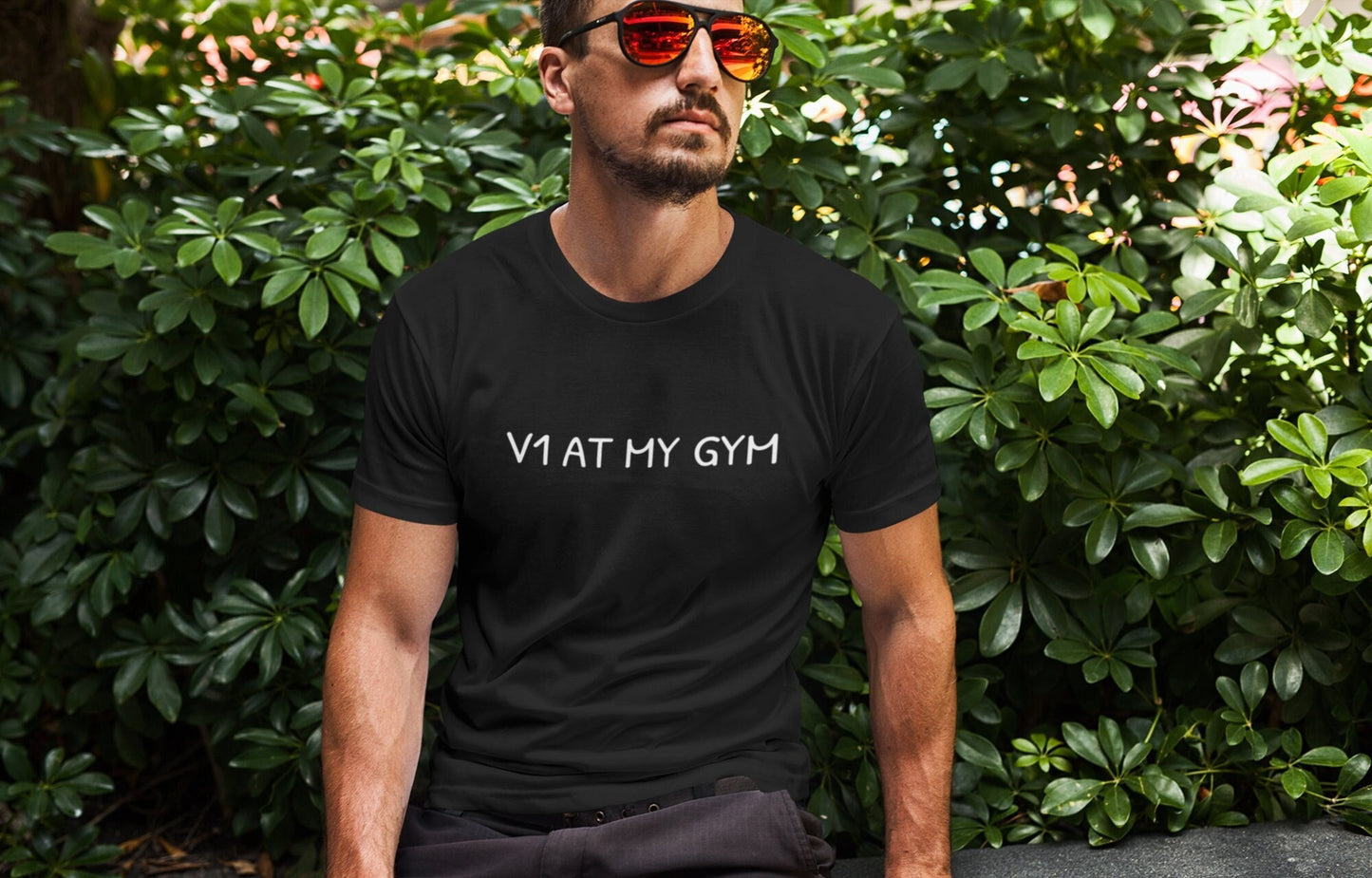 Boulder Bro wearing V1 At My Gym climbing shirt