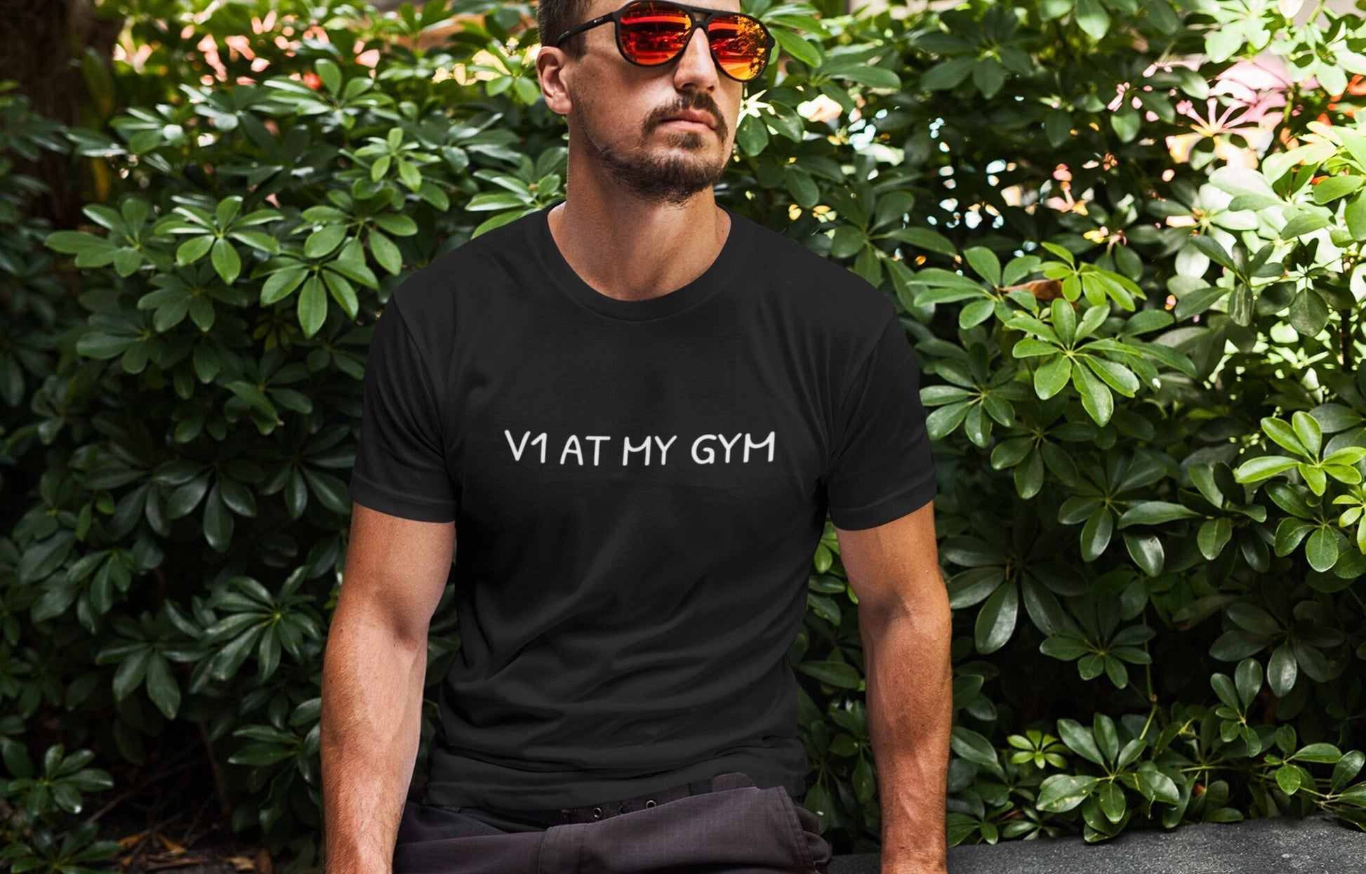 Boulder Bro wearing V1 At My Gym climbing shirt