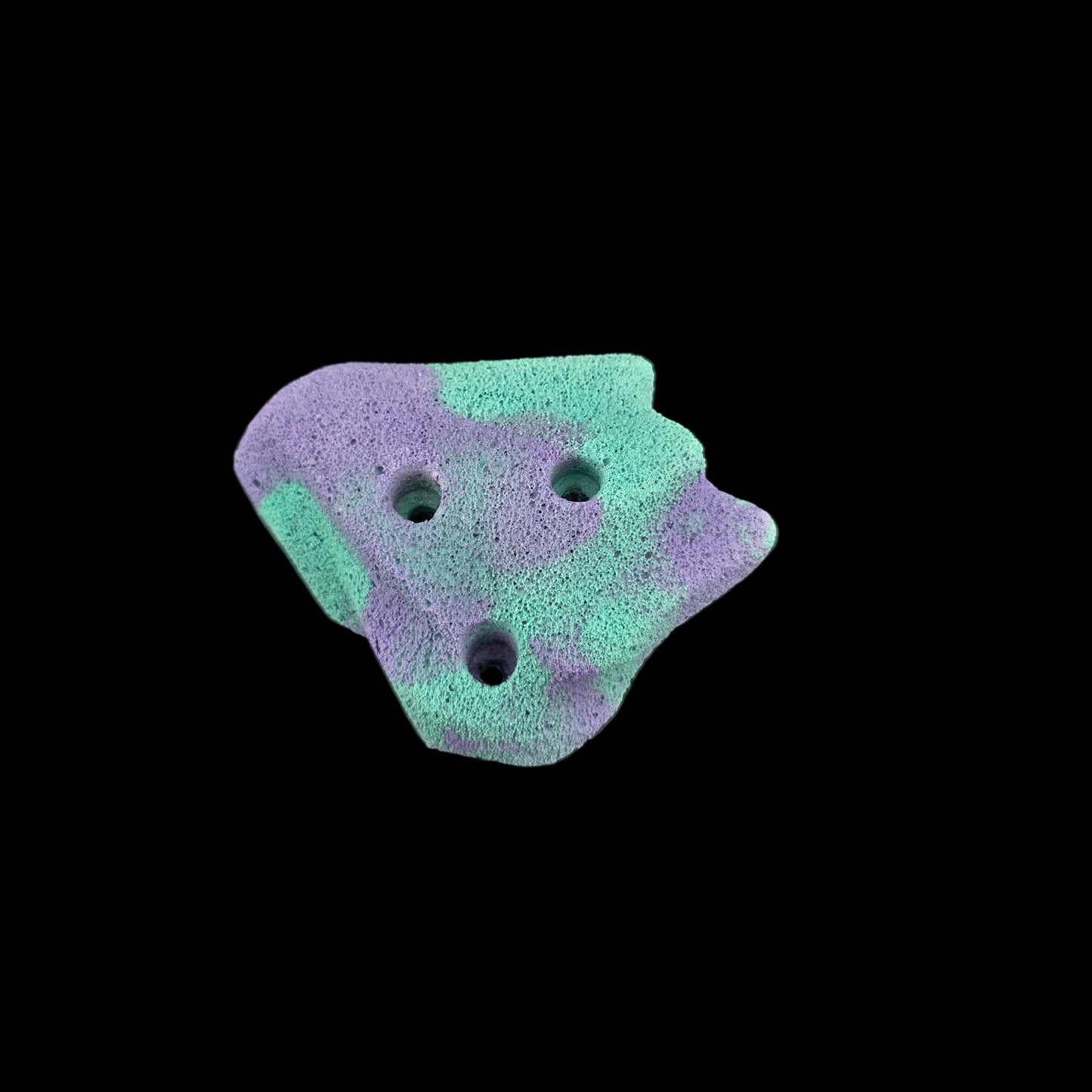 Teal and purple colored corner-less jug shaped climbing hold