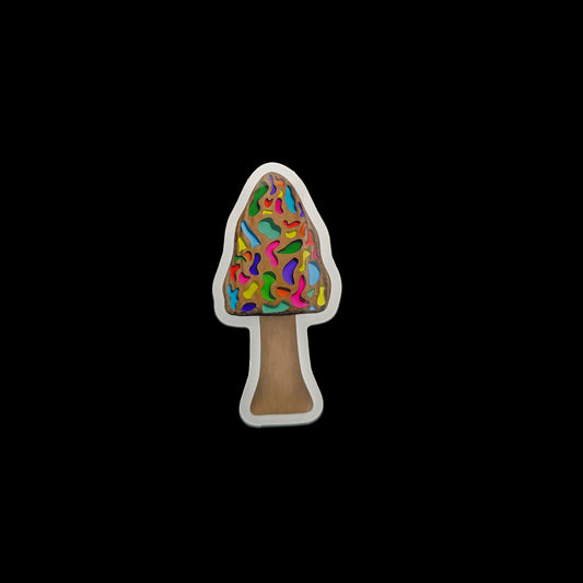 Colorful morel mushroom-shaped sticker with climbing holds on the cap